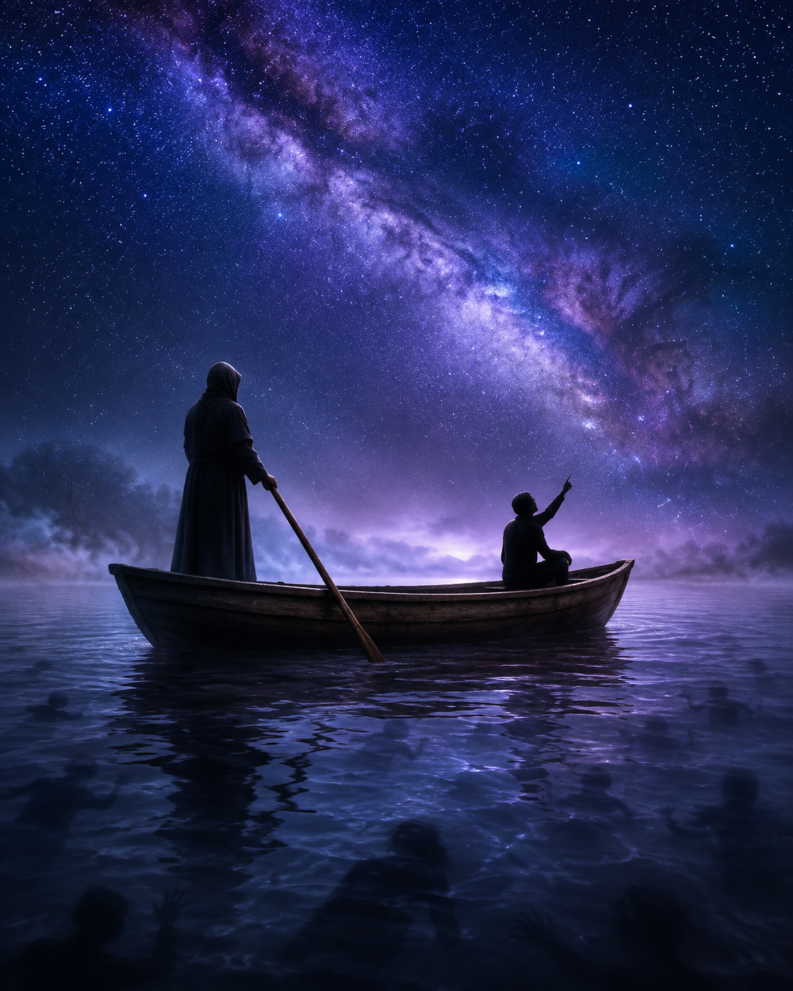 Um barqueiro conduz uma pessoa sob um céu estrelado.